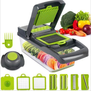 Multifunction vegetable chopper shown with interchangeable blade inserts and drain basket
