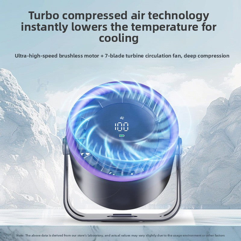 Close view of the mini desk fan digital display showing speed and battery level