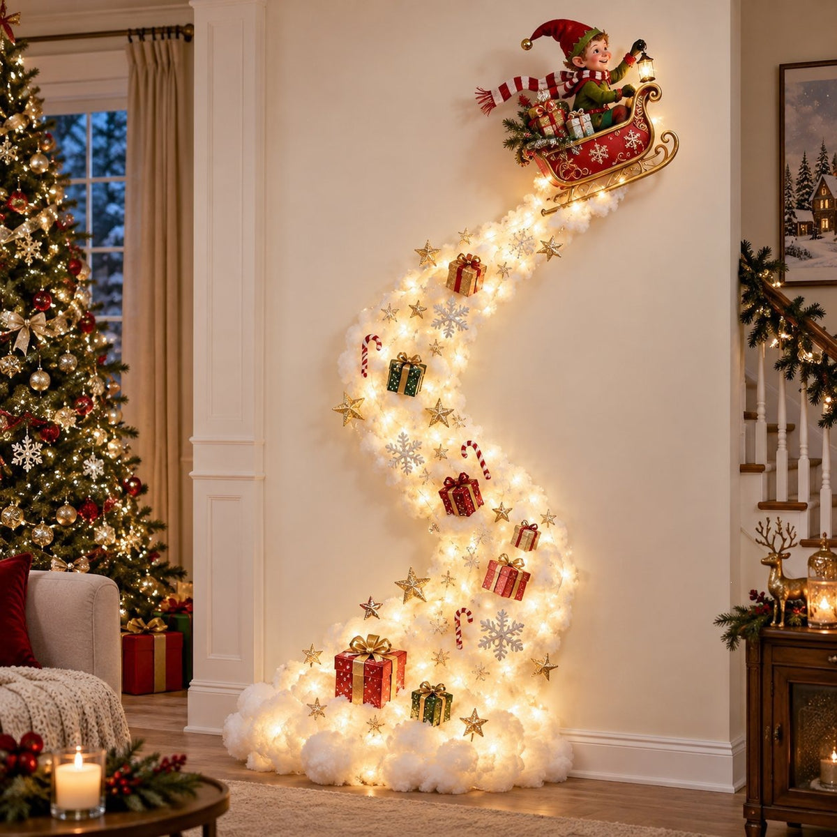 Illustrated Christmas wall display with an elf in a sleigh above a trail of lights and small gifts, Elf option