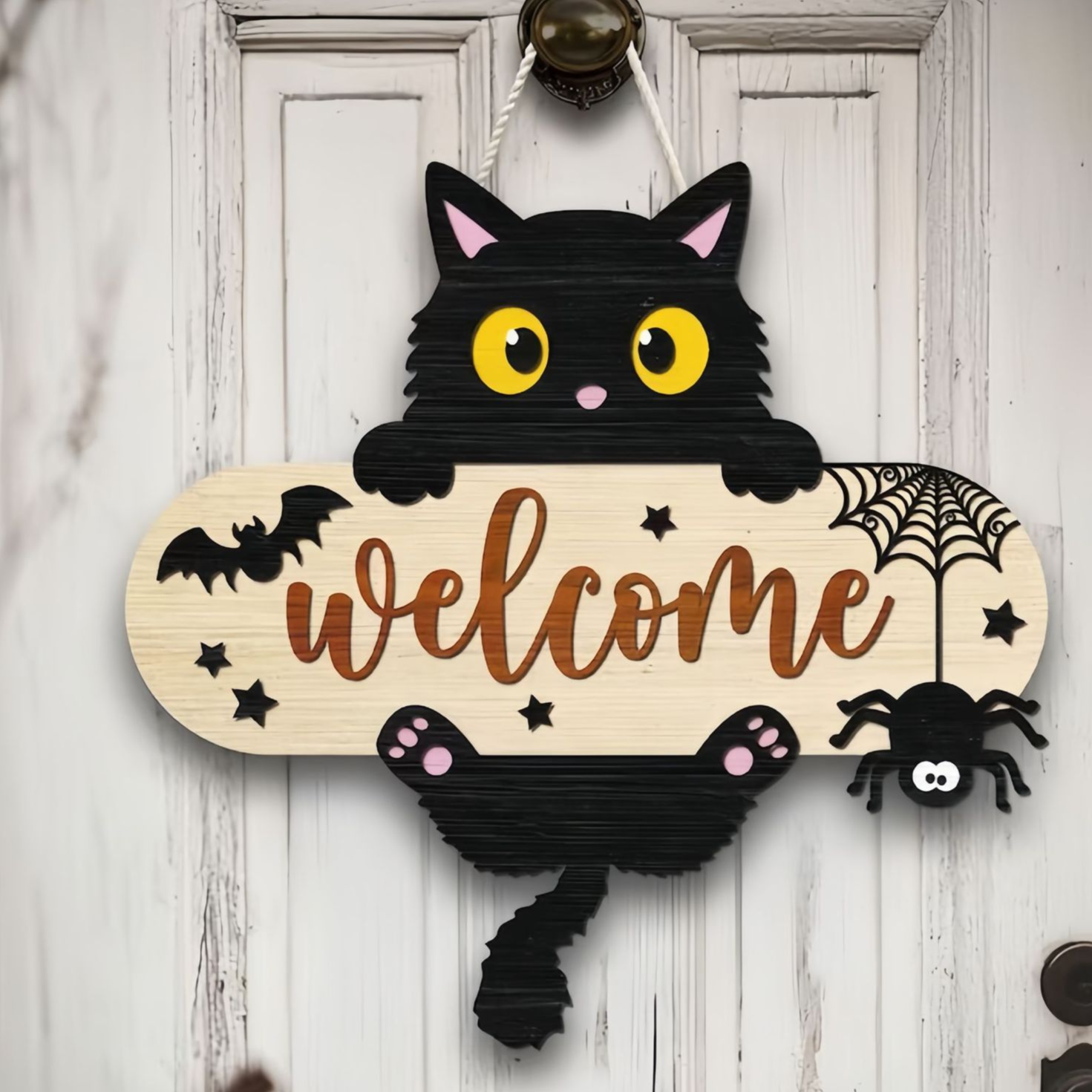Wooden Halloween door hanger sign, flat printed design on a light wooden board with hanging cord
