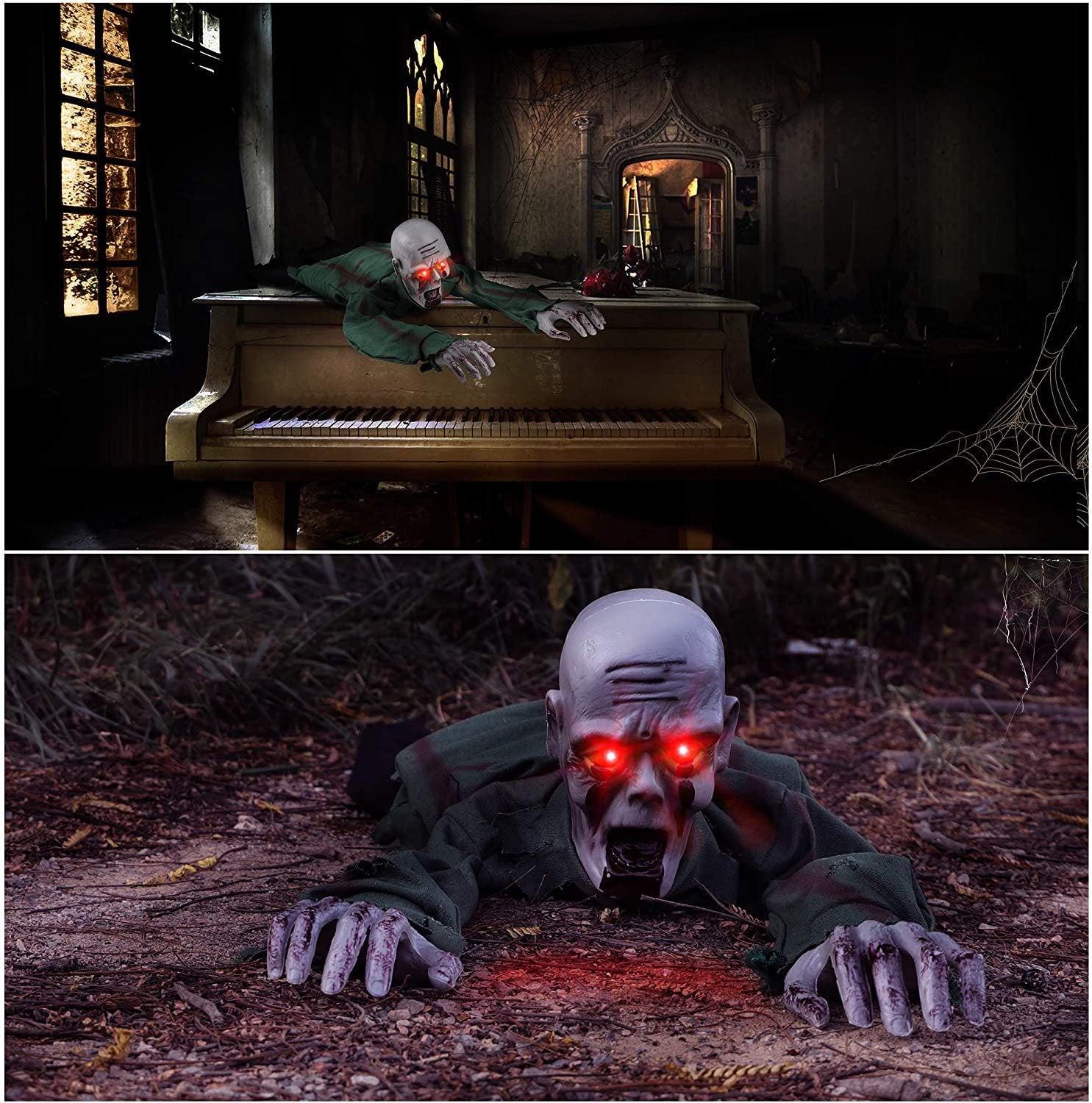 Crawling zombie prop shown draped over an old piano and crawling across dark ground with red eyes