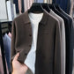 Coffee brown knit men's cardigan with turn-down collar and three buttons over a white tee, option size 3XL