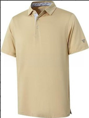 Men's short sleeve polo shirt with a solid body and a printed contrast collar, fitted cut in light polyester