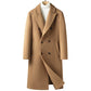 Camel double-breasted long coat with peak lapels over a white turtleneck, size 185/XXL option