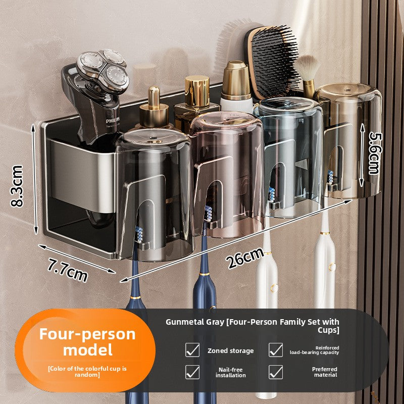 Four person set with four colored cups on a gunmetal gray wall holder, 26 cm wide