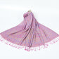 Light purple paisley shawl with a pastel border and pink tassels spread on a white background