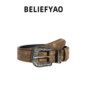Retro Floral Embossed PU Leather Belt Alloy Pin Buckle Y2k Vintage Waist Belt