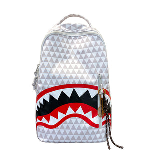 Grey triangular print backpack with a red and black shark mouth graphic and a side charm pendant