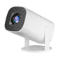 White portable projector with grille lens and tilting body on a rounded base, front three quarter view