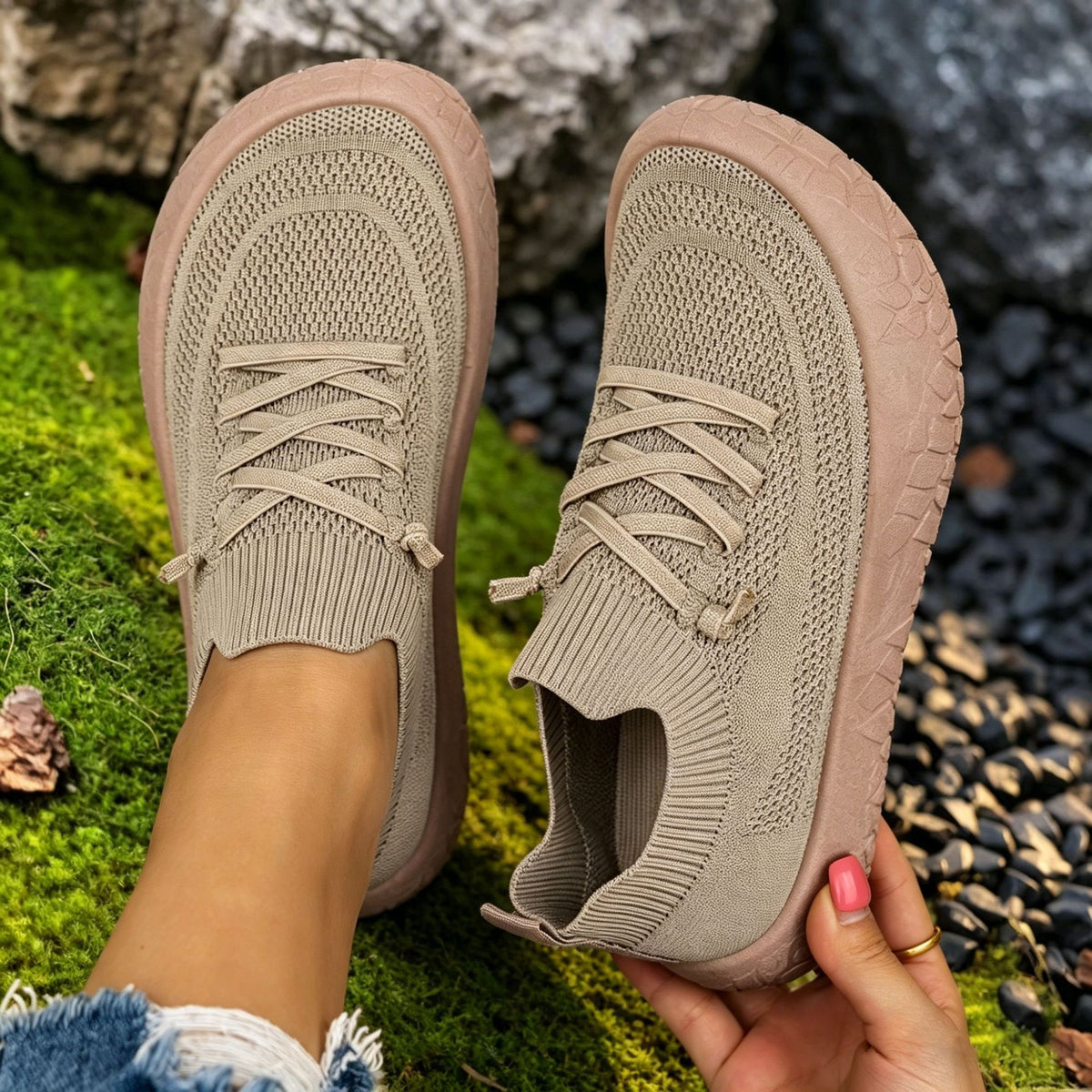 Top view of khaki knit mesh slip-on sneakers with ribbed collars and dusty pink crackle soles, option Khaki size 36