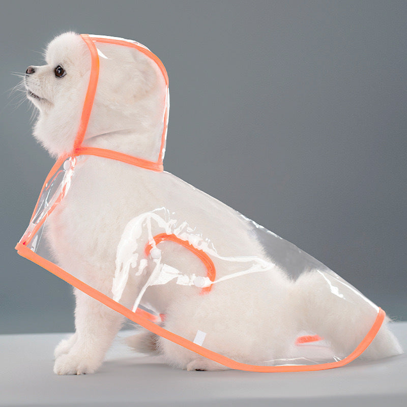 Small white dog seated in a clear EVA hooded rain poncho with bright orange trim, studio profile view
