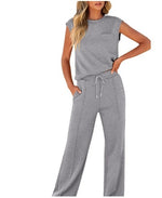 Womens Sleeveless Top High Waist Wide Leg Pants | side angle accent detail
