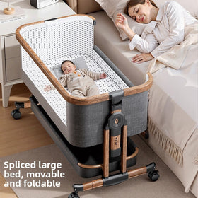 Foldable Multifunctional Baby Crib with Wheels, Six Height Settings and Storage Basket