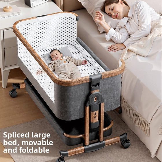 Foldable Multifunctional Baby Crib with Wheels, Six Height Settings and Storage Basket