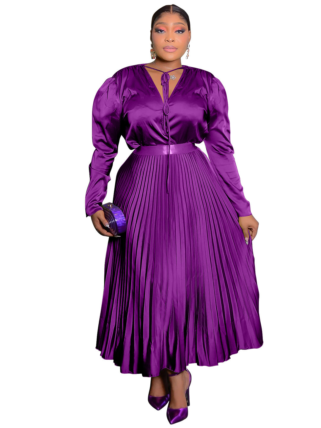 Purple pleated maxi dress with keyhole tie neck and matching belt, Purple option photo