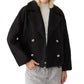 Army green short double breasted wool coat with wide notch lapels worn open