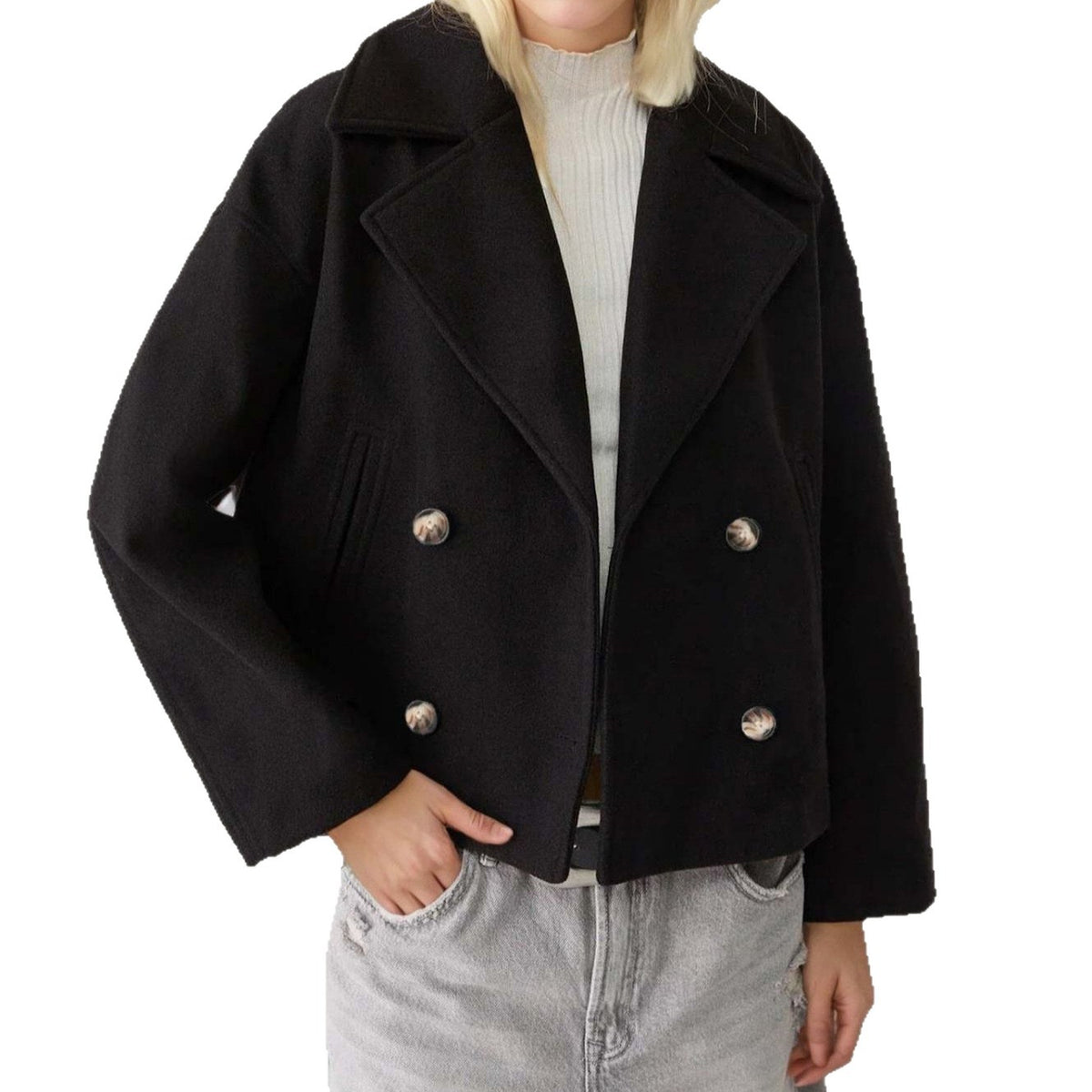 Army green short double breasted wool coat with wide notch lapels worn open