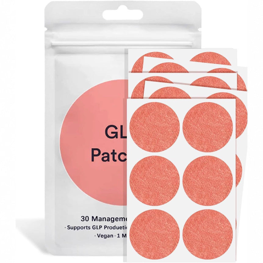 Pink GLP-1 patch pouch displayed with three sheets of round coral adhesive skin patches