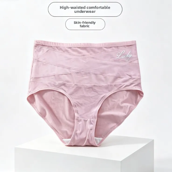 High waisted seamless shaping brief with crossed sheer mesh front panels