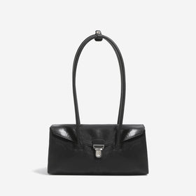 Compact PU Leather Baguette Shoulder Bag with Push Lock