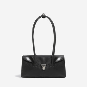 Black PU baguette shoulder bag with silver push lock and two long rolled handles joined by a snap tab, front view