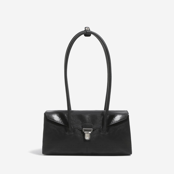 Compact PU Leather Baguette Shoulder Bag with Push Lock
