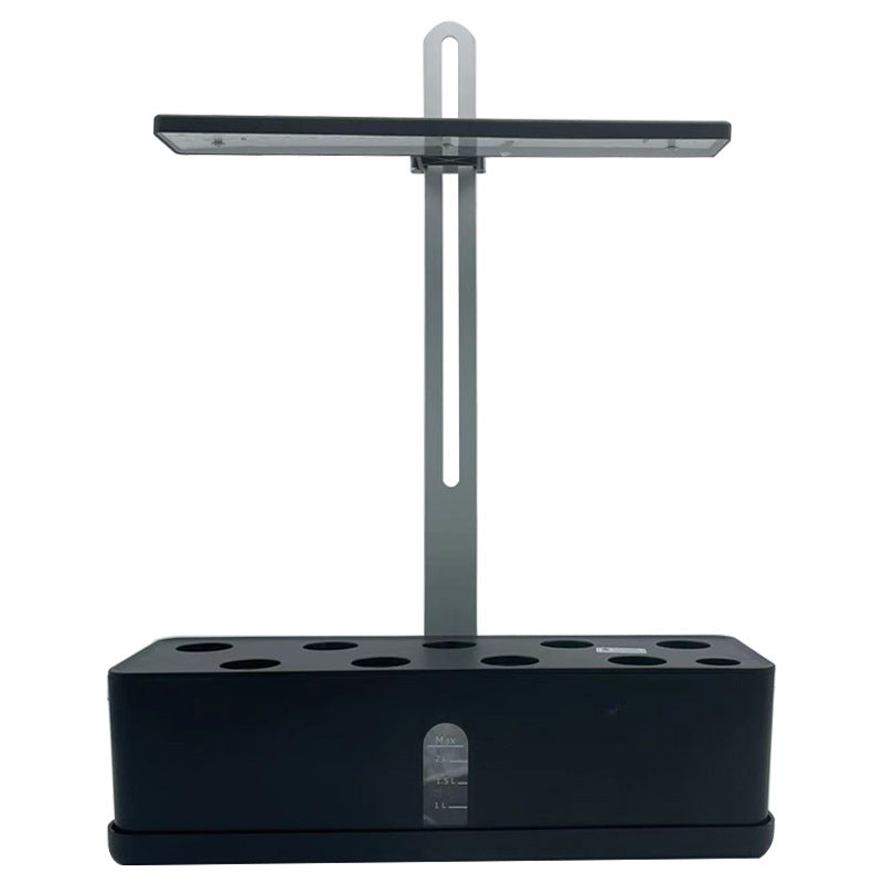 Bare black unit showing the slotted height adjustable arm, LED bar and empty planting tank with level window
