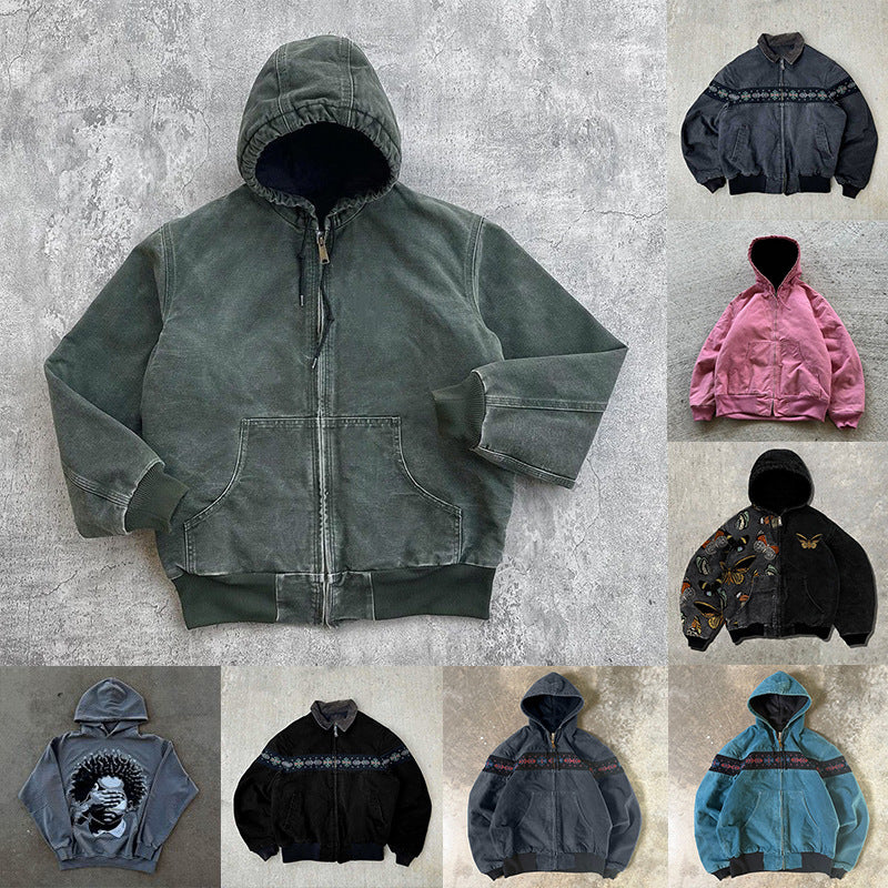 Green washed hooded zip jacket with front pockets beside small photos of four other jacket and hoodie designs