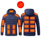 Heated hooded zip jacket showing the abdomen heating zones on the front panels