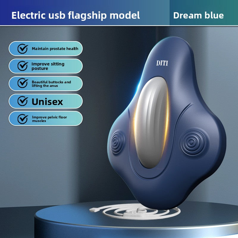 Blue contoured pelvic floor trainer pad shown next to its USB charging cable