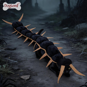 Black cat wearing a segmented centipede Halloween costume with pointed tan legs along its back