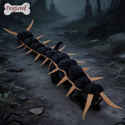Black cat wearing a segmented centipede Halloween costume with pointed tan legs along its back