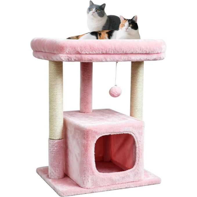 Cat resting inside the condo of the plush cat climbing tree