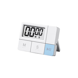 White plastic digital countdown timer standing on its fold out kickstand on a white background