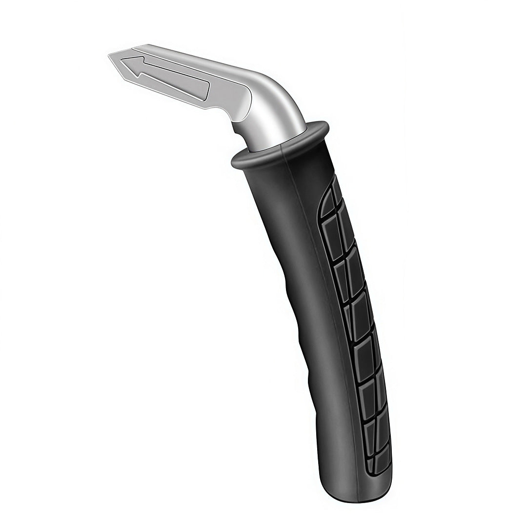 Black moulded grip car door assist handle with its flat arrow marked metal tip, studio view