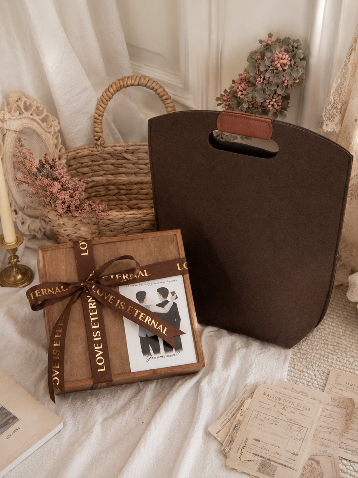 Gentleman Series option, wooden gift box with a brown ribbon printed LOVE IS ETERNAL beside a brown bag
