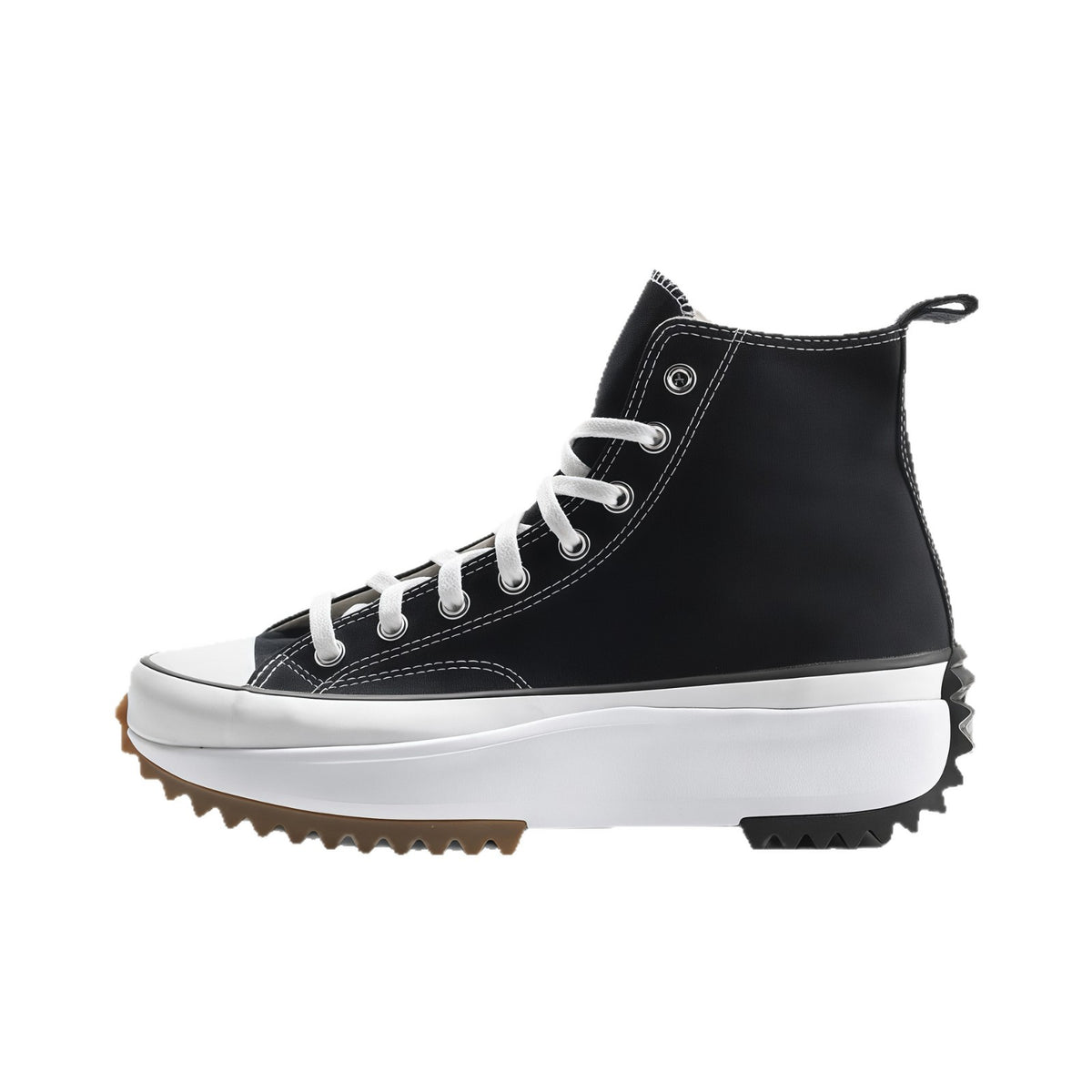 Black high-top platform canvas sneaker side view with a chunky white sole, gum front tread and black rear tread