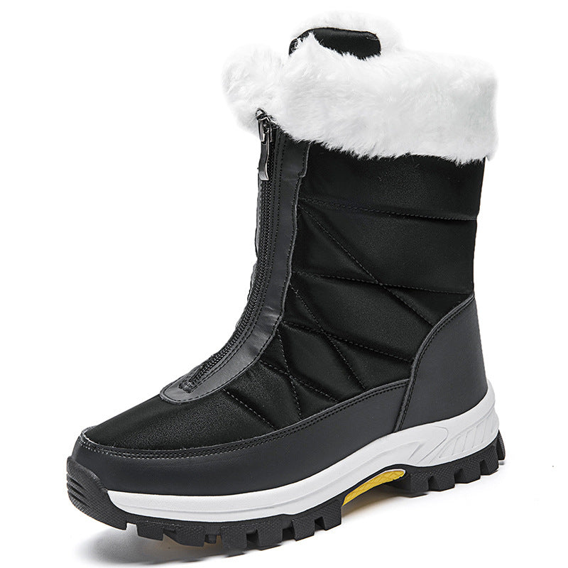 Black mid top snow boot with plush cuff and front zipper on a white background