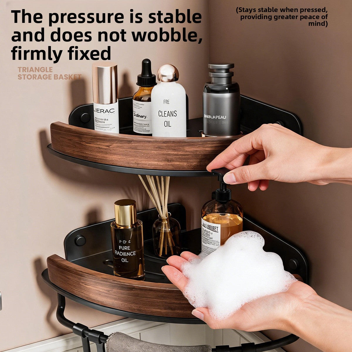 No drill adhesive corner shower shelf holding shampoo and skincare bottles