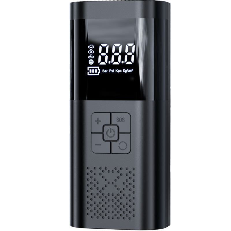 Front view of the black cordless air pump showing the LED display and control buttons