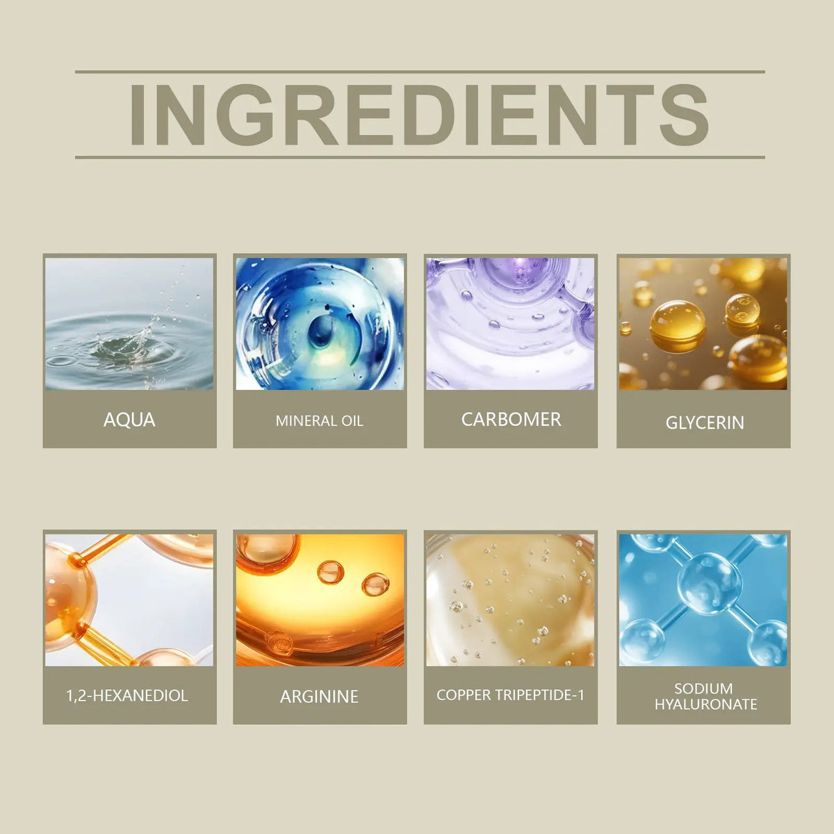 Ingredients graphic listing aqua, mineral oil, carbomer, glycerin, hexanediol, arginine, copper tripeptide-1 and hyaluronate