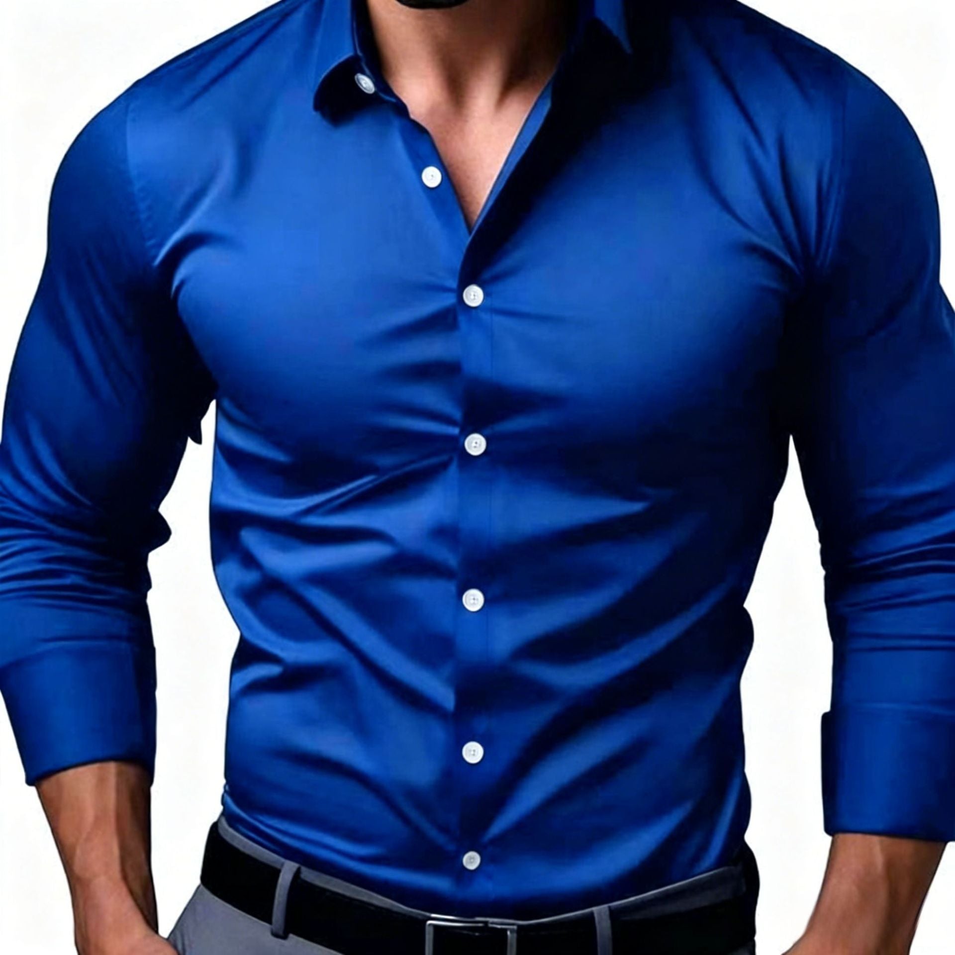 Solid color slim fit dress shirt with long sleeves and a clean button front on a plain background