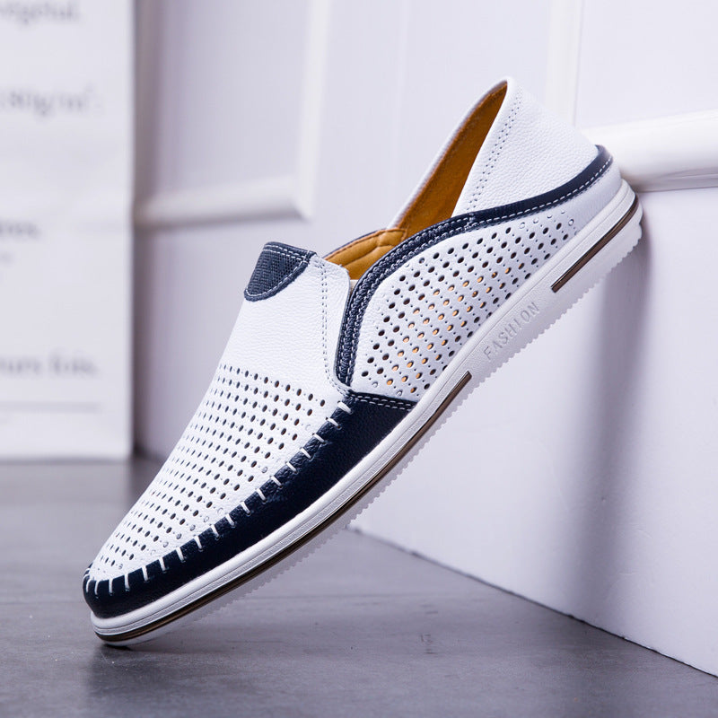 Mens leather slip on loafer with a perforated cutout upper and car stitch toe detail
