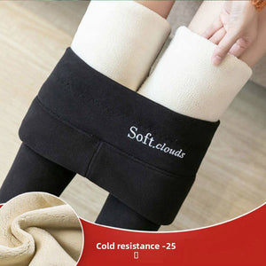 Black leggings folded down at the waist to show the cream plush lining and the Soft.clouds waistband
