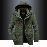 Army green fleece lined hooded parka with stand collar and zip pockets, front view