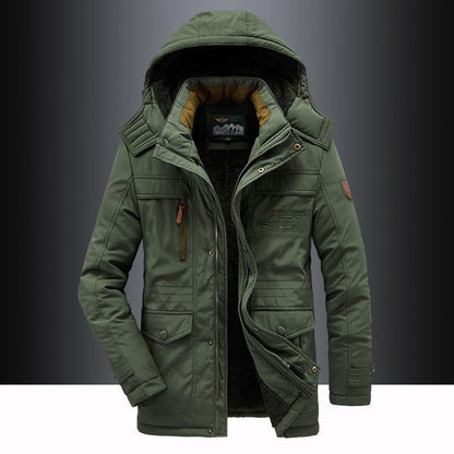Army green fleece lined hooded parka with stand collar and zip pockets, front view