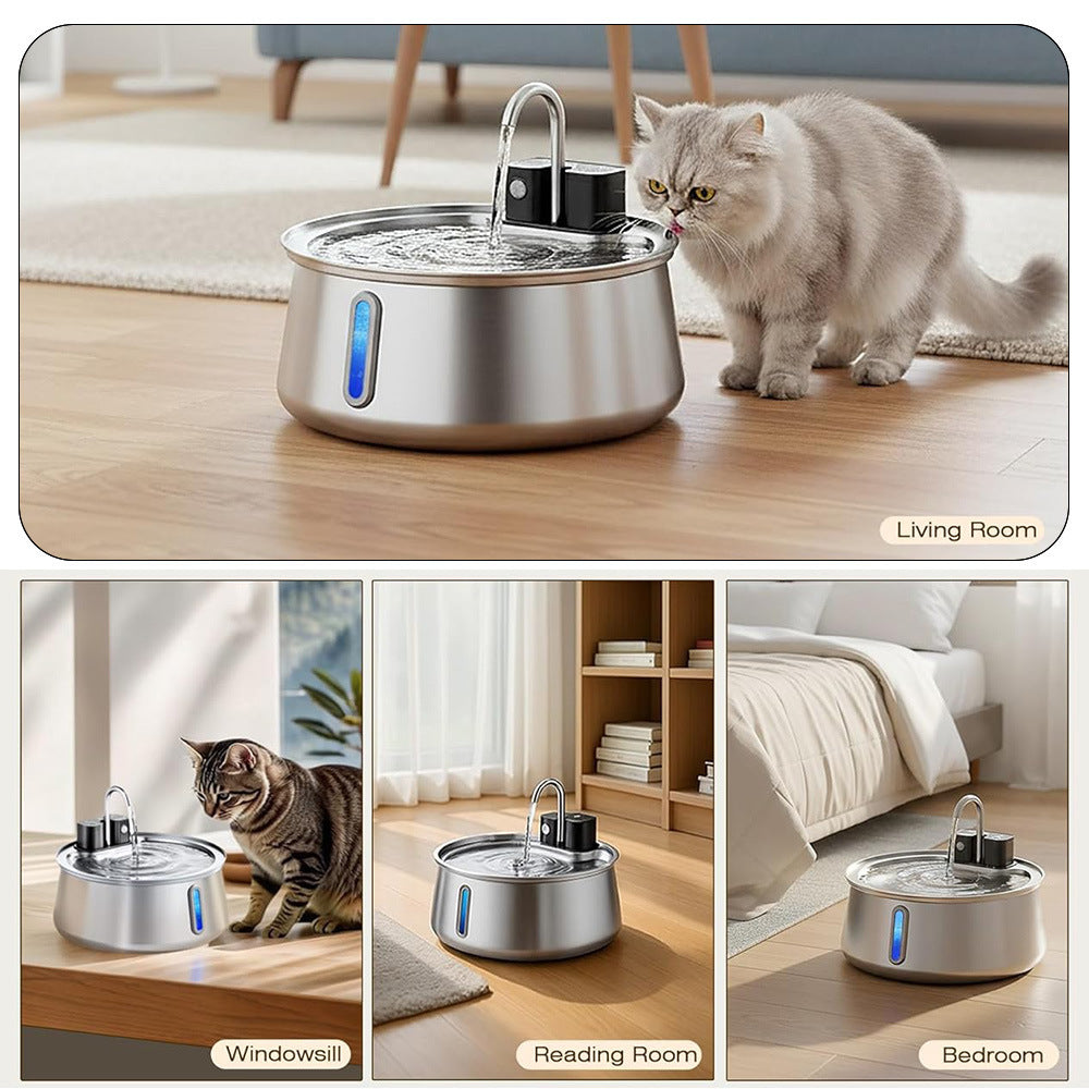Steel pet fountain placed in a living room, windowsill, reading room, and bedroom with cats