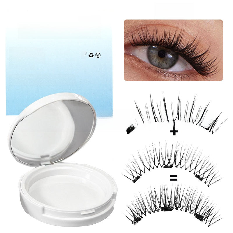 White round magnetic lash case beside a close-up eye and a top and bottom black lash strip diagram