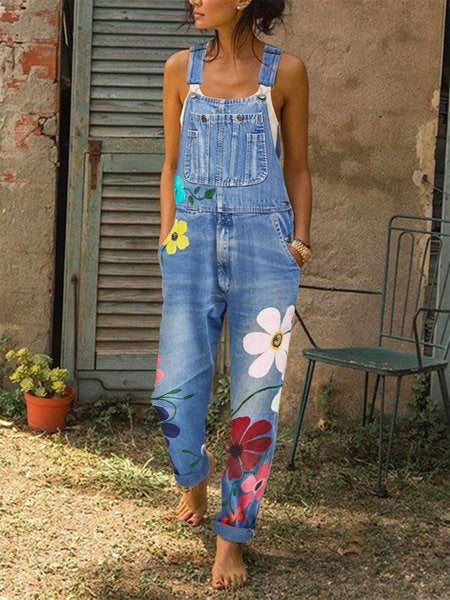 Light blue denim print bib overalls with large flowers down one leg, option photo for size 3XL