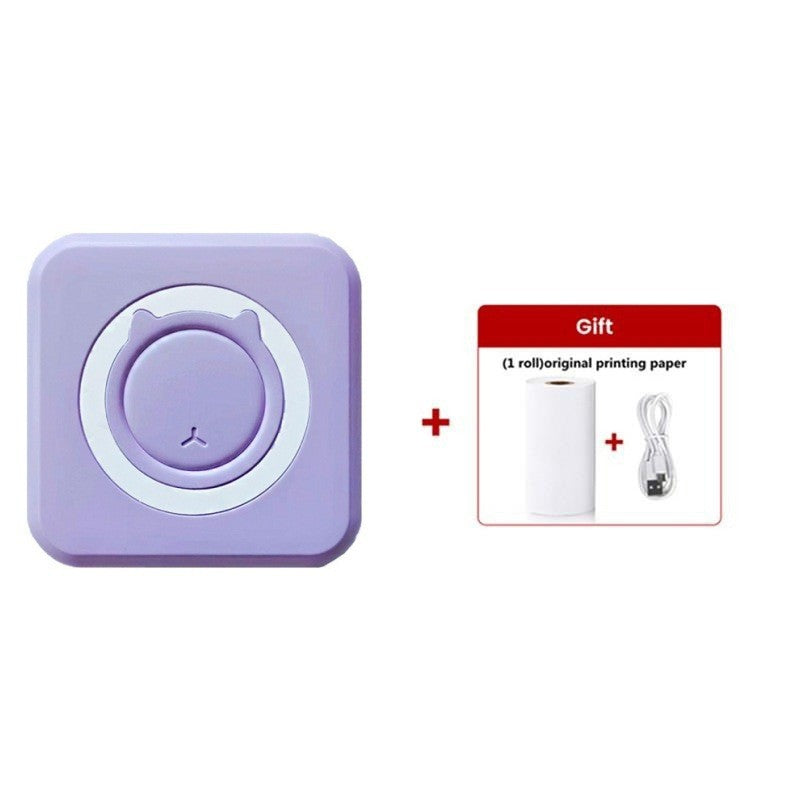 Purple rounded square thermal printer with a cat ear ring next to a gift box with a paper roll and cable, C15 purple